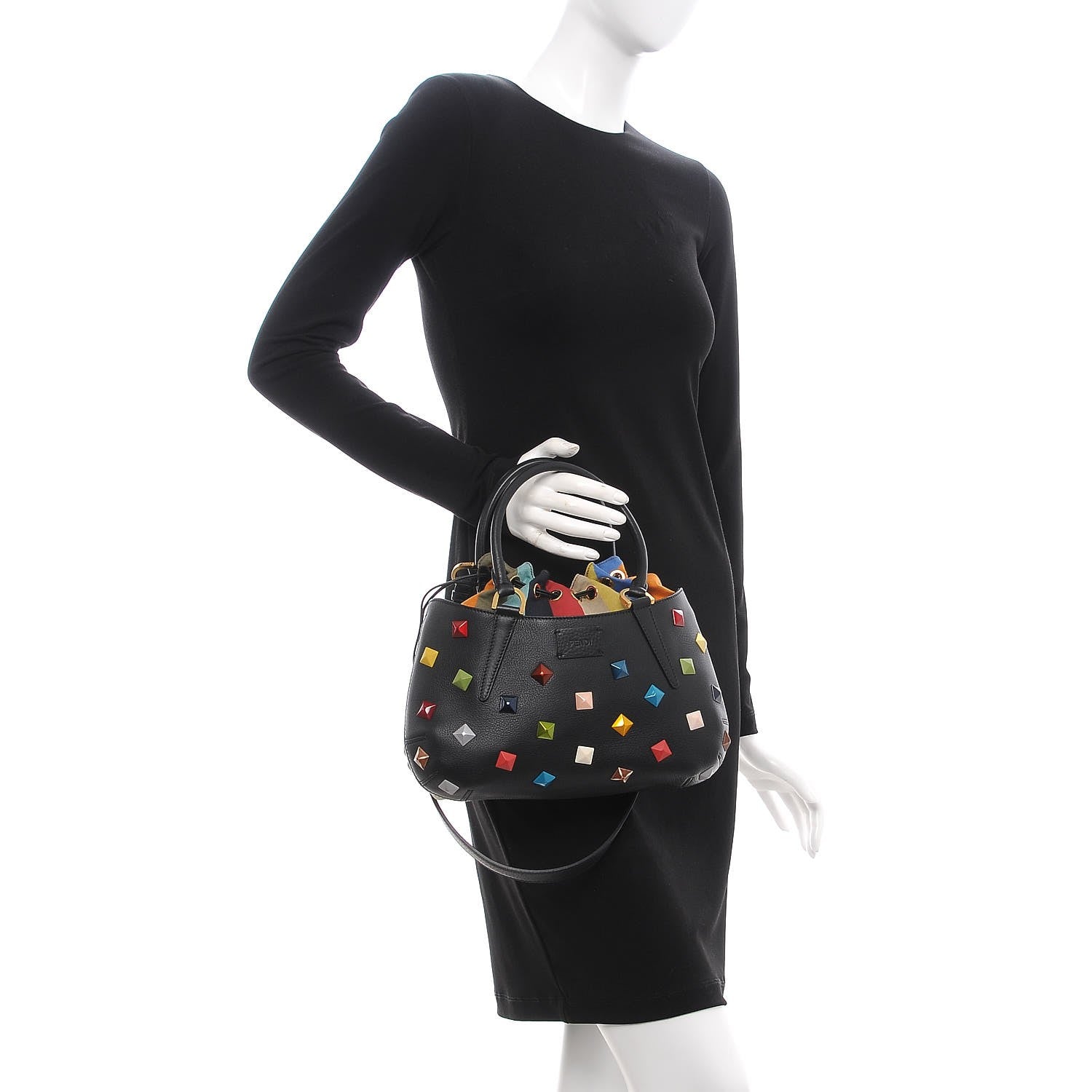 Fendi Calfskin Studded Small Drawstring Satchel Black Multicolor 3 of 10