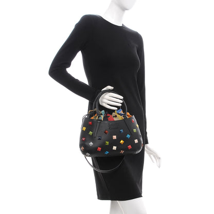 Fendi Calfskin Studded Small Drawstring Satchel Black Multicolor 3 of 10