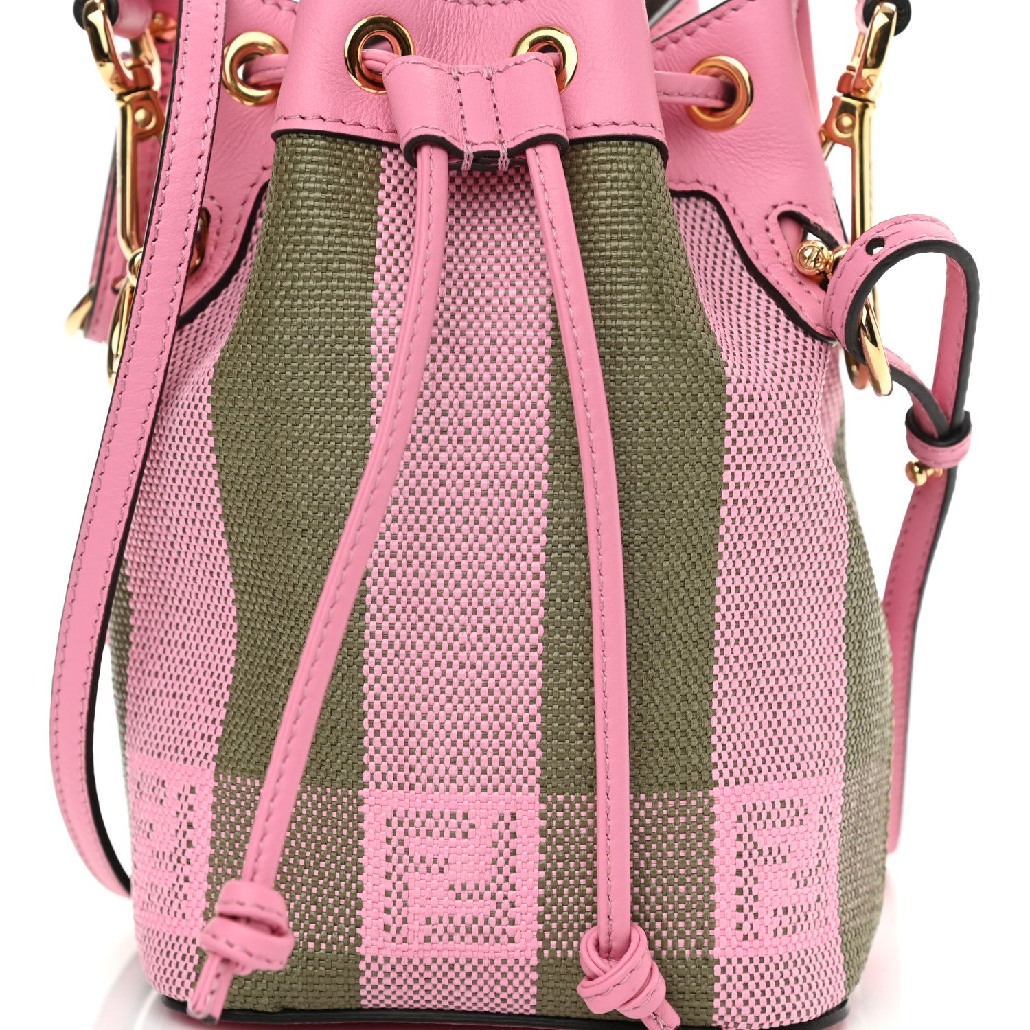 Fendi Raffia Vitello Seta F is Fendi Pequin Gingham Woven Mini Mon Tresor Bucket Bag Military Rosa Lollypop 10 of 10