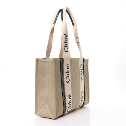 Chloe Linen Calfskin Medium Woody Ribbon Tote White Black 3 of 11