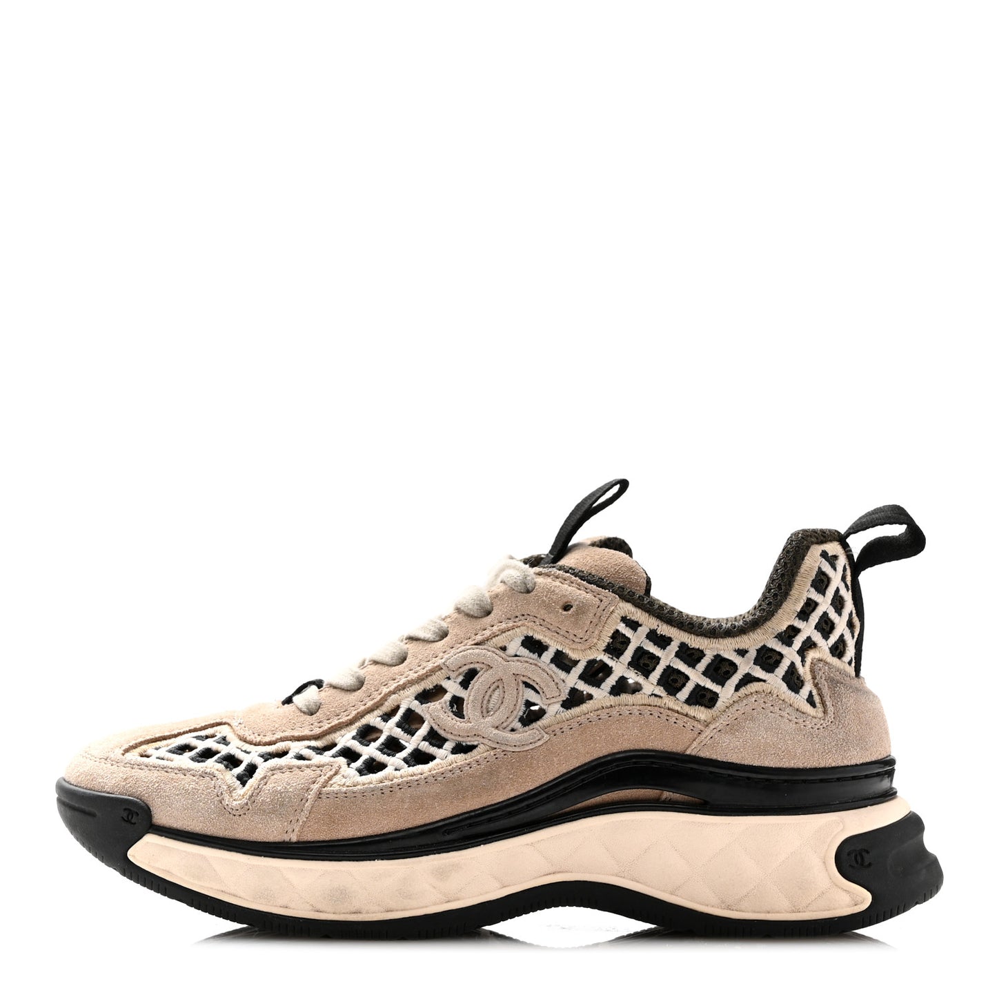 Suede Calfskin Embroidered CC Sneakers 36 Beige Black