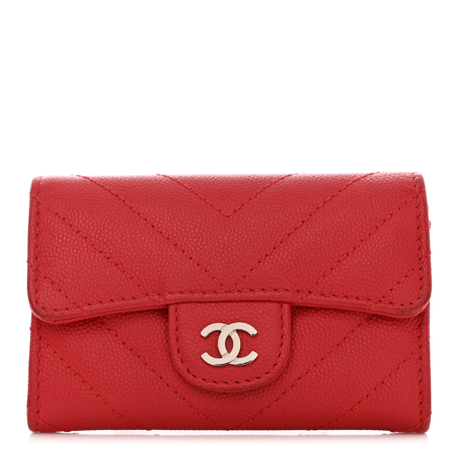 Chanel Caviar Chevron Quilted Flap Card Holder Red 1 of 11
