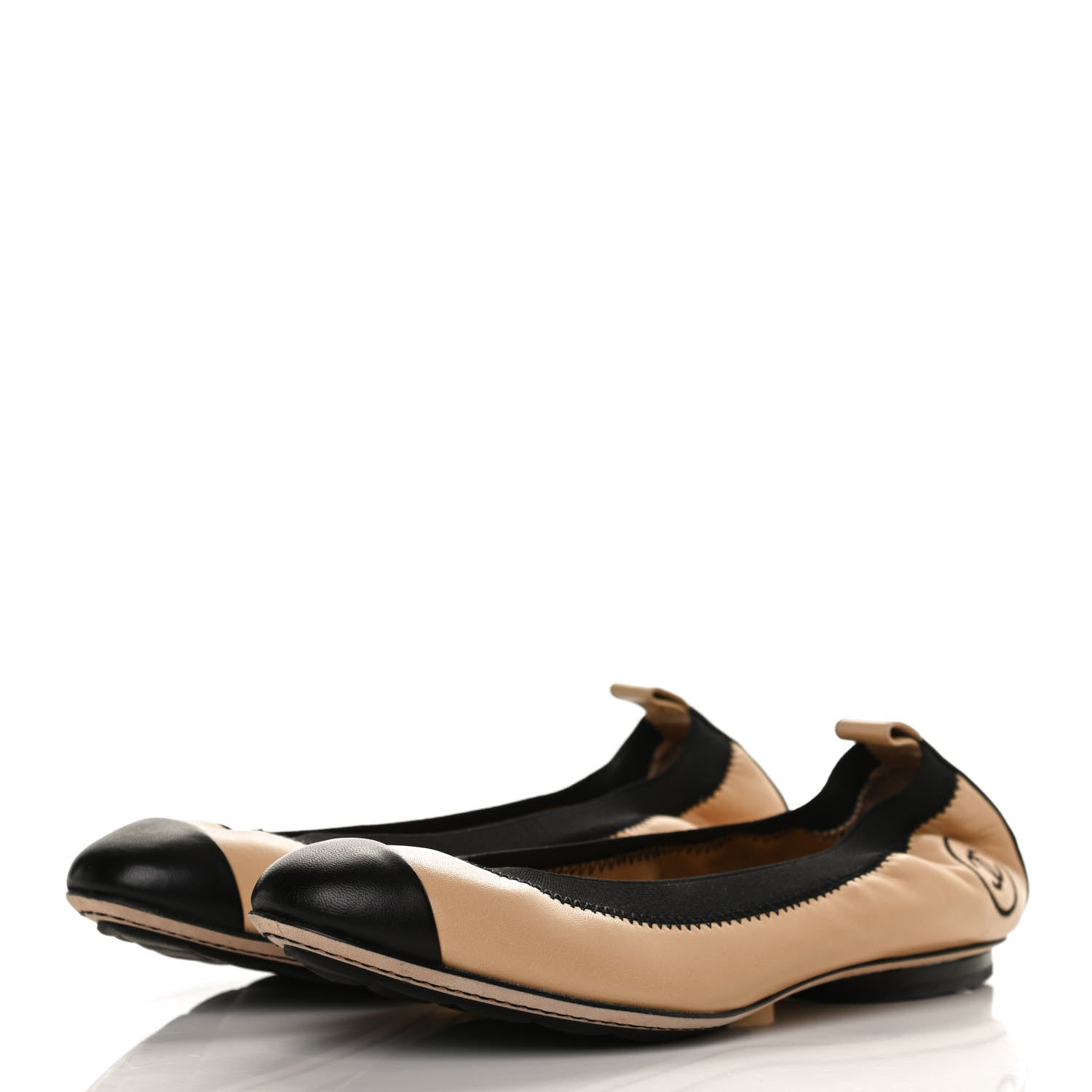 Chanel Lambskin CC Elastic Cap Toe Ballerina 35 Flats Beige Black 3 of 10
