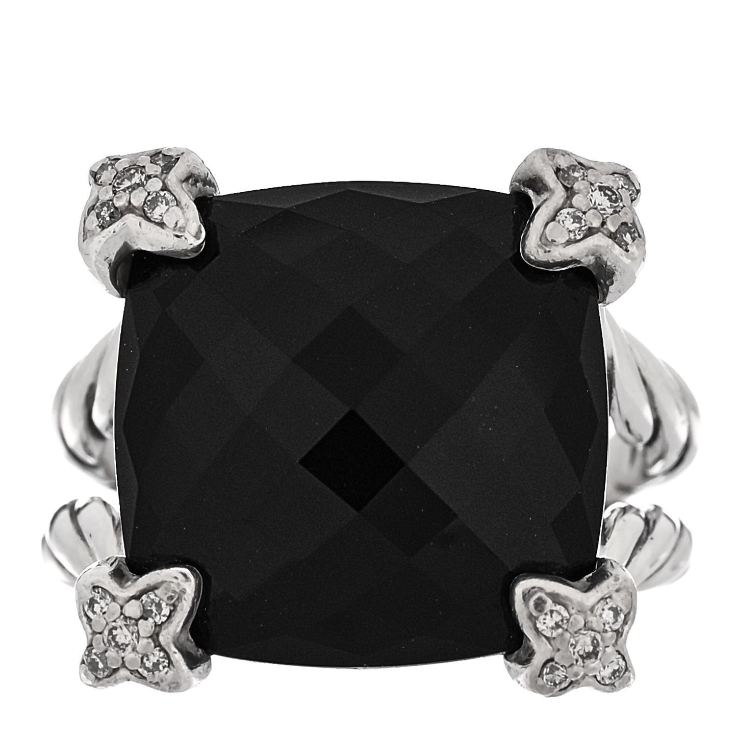 Sterling Silver Black Onyx Pave Diamond 15mm Cushion On Point Ring 50/5.5