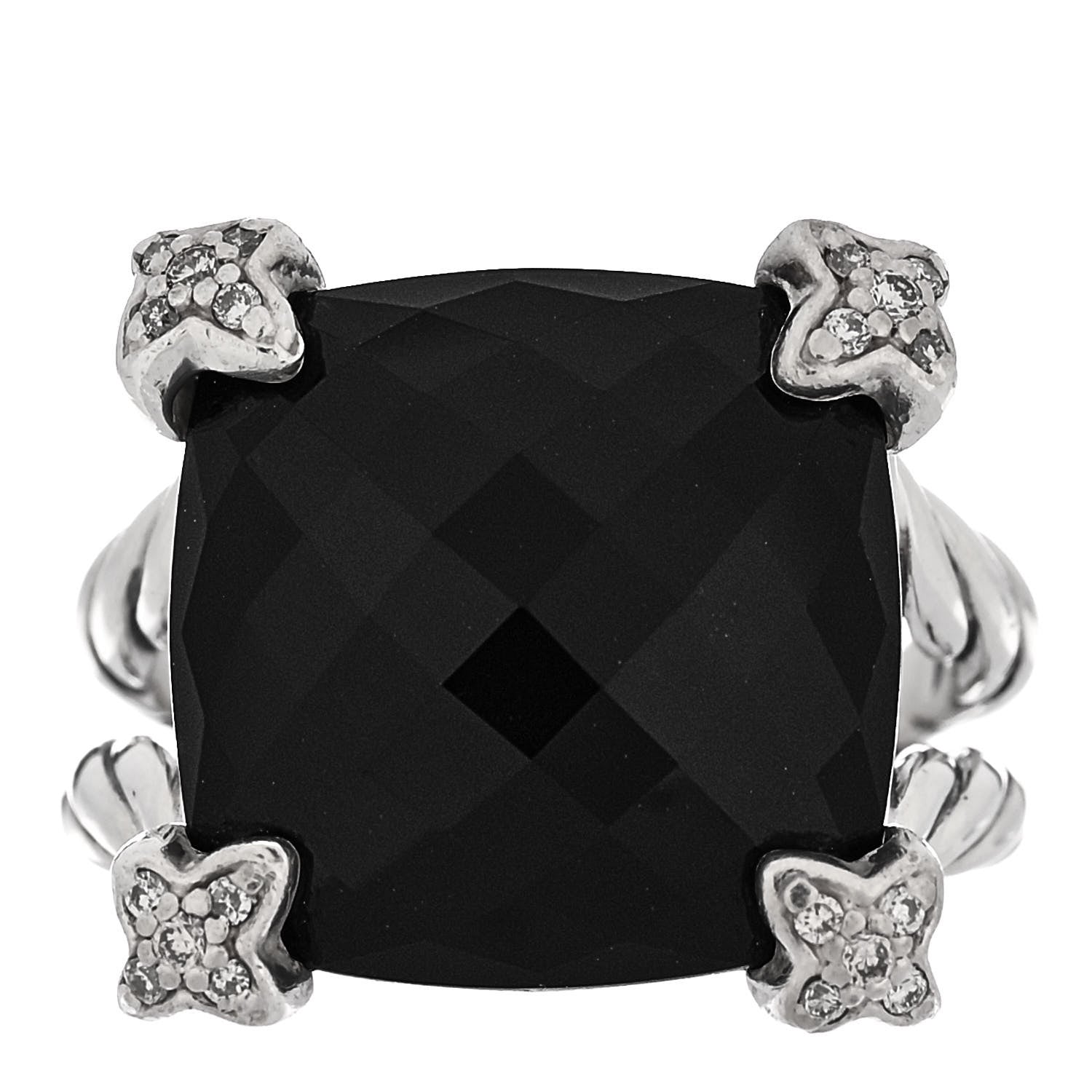 David Yurman Sterling Silver Black Onyx Pave Diamond 15mm Cushion On Point Ring 50/5.5 1 of 5