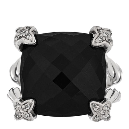 David Yurman Sterling Silver Black Onyx Pave Diamond 15mm Cushion On Point Ring 50/5.5 1 of 5