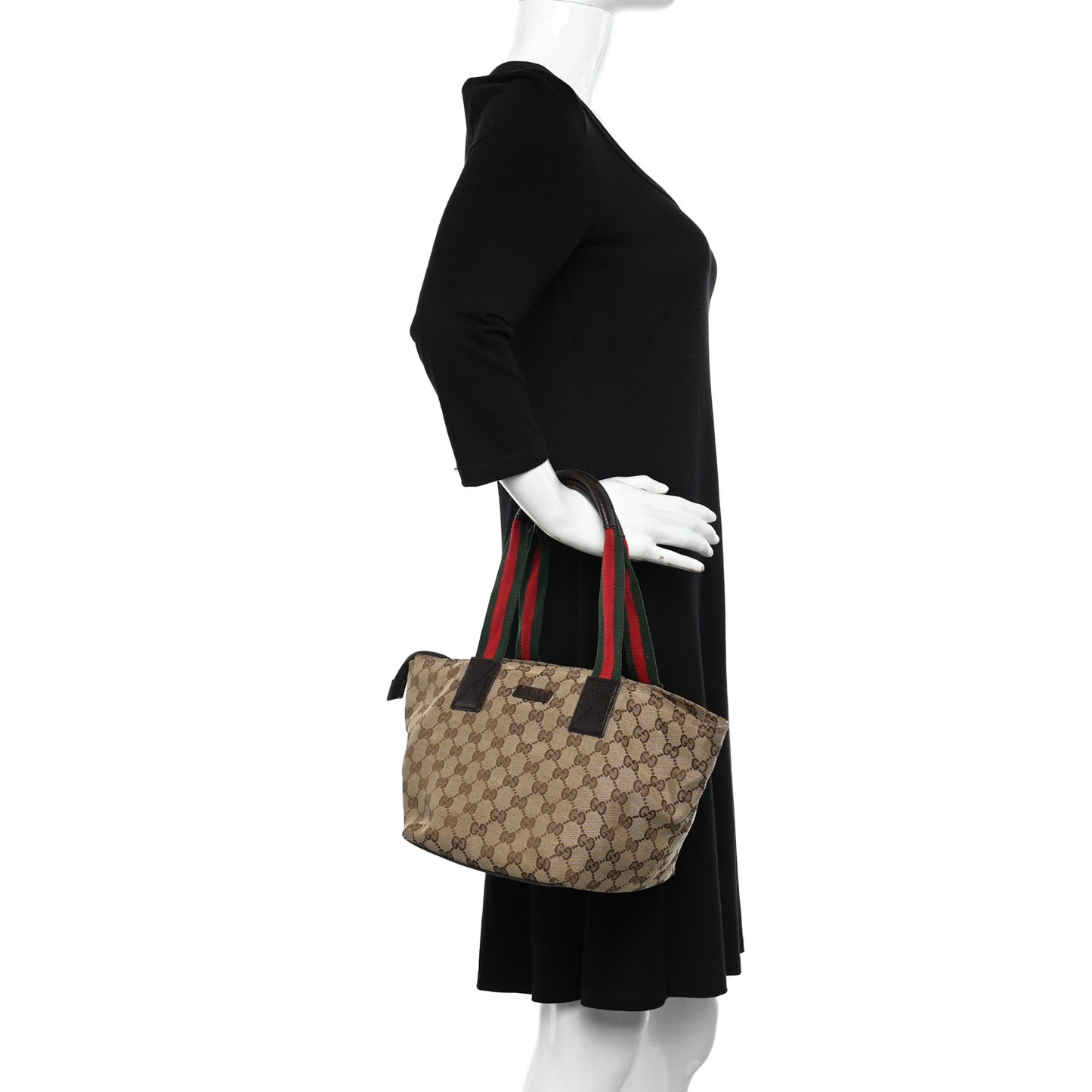 GG Monogram Small Web Handle Bucket Tote Dark Brown