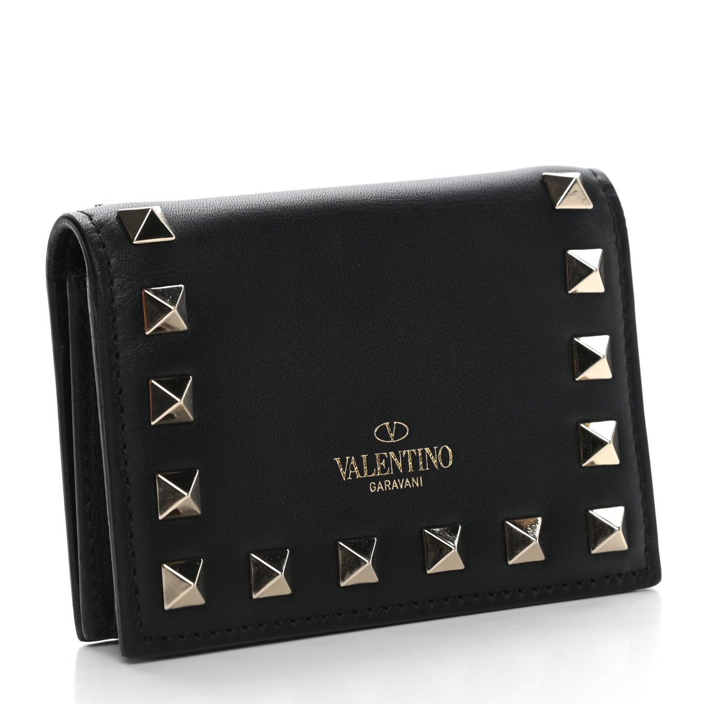 Calfskin Rockstud Bi-Fold Card Holder Black