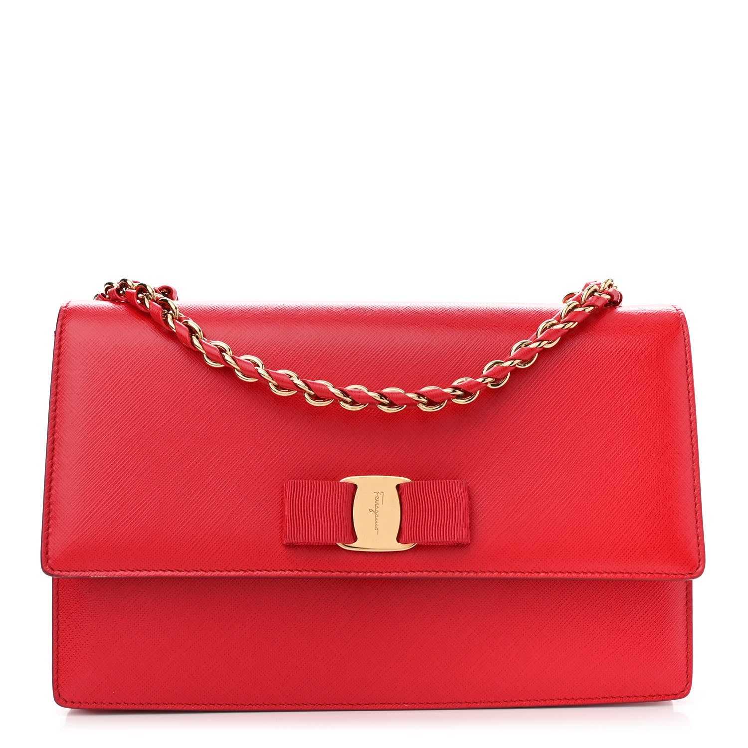 Salvatore Ferragamo Printed Calfskin Vara Bow Chain Flap Crossbody Red 1 of 10