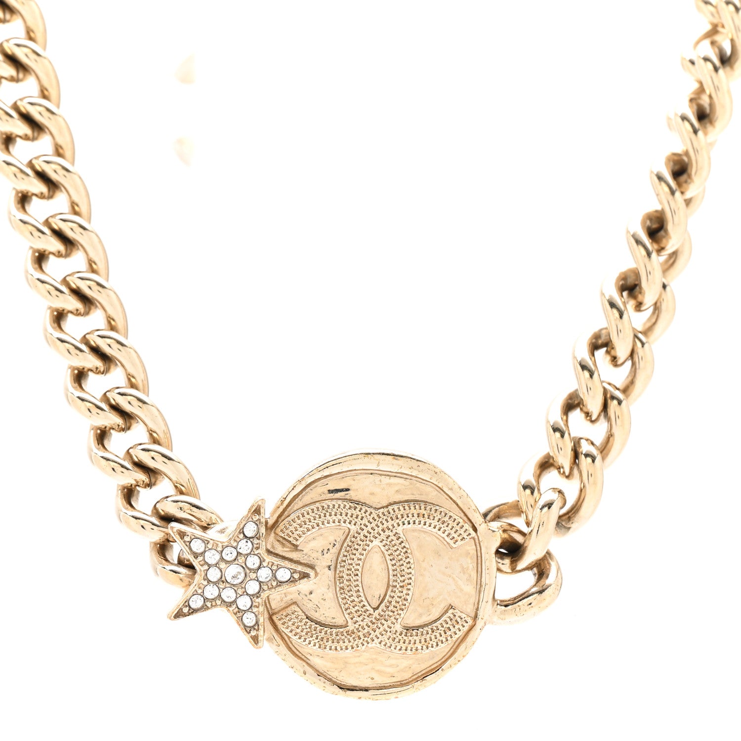 Chanel Metal Crystal Textured CC Star Chain Choker Necklace Gold 4 of 6