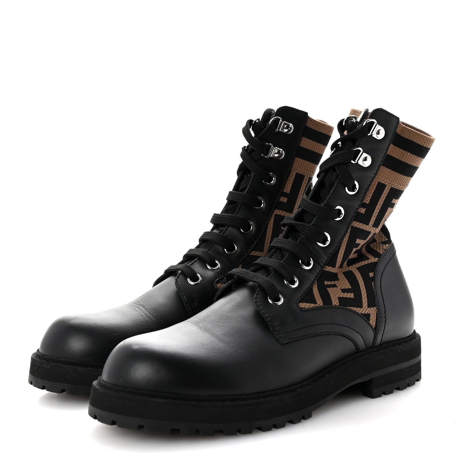 Fendi Calfskin Stretch Fabric FF Rockoko Biker Boots 7 Black Tobacco 4 of 9