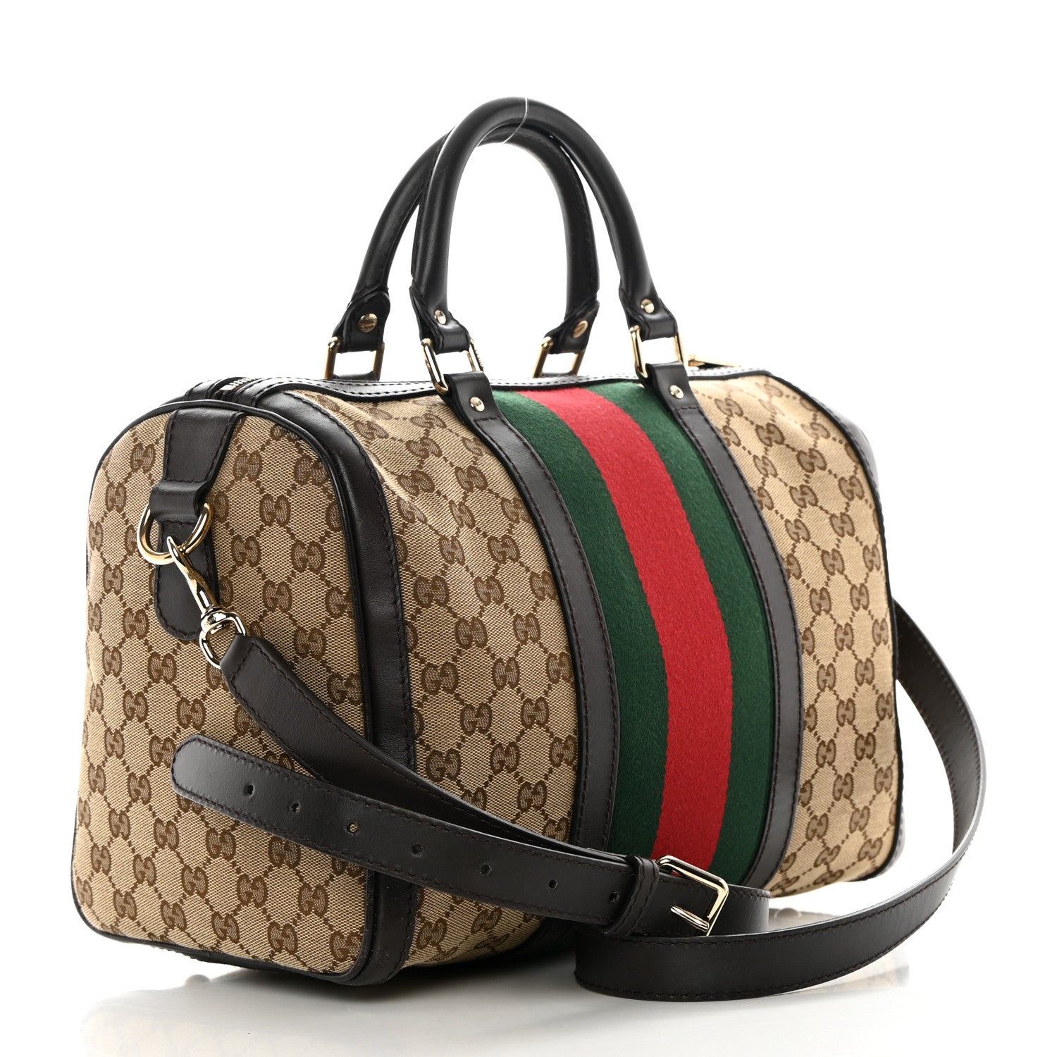 Gucci Monogram Selleria Calfskin Vintage Web Medium Boston Beige Ebony Cocoa 3 of 21