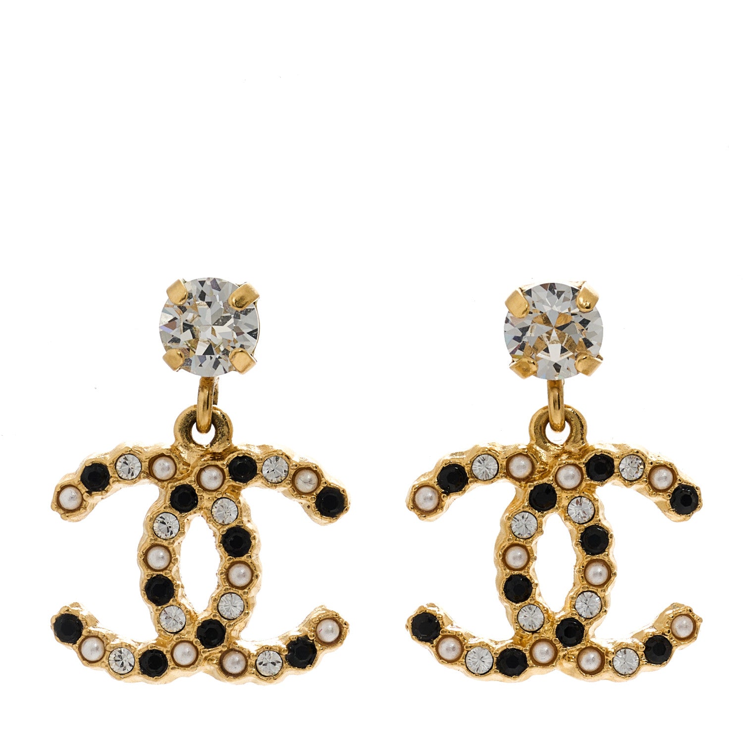 Chanel Resin Crystal Pearl CC Drop Earrings Gold Black 1 of 4
