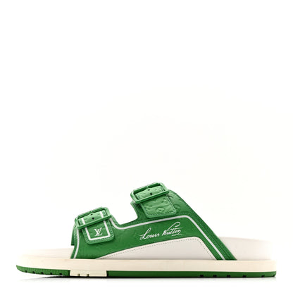 Louis Vuitton Calfskin Embossed Mens Script Trainer Mules 8 Green White 1 of 9