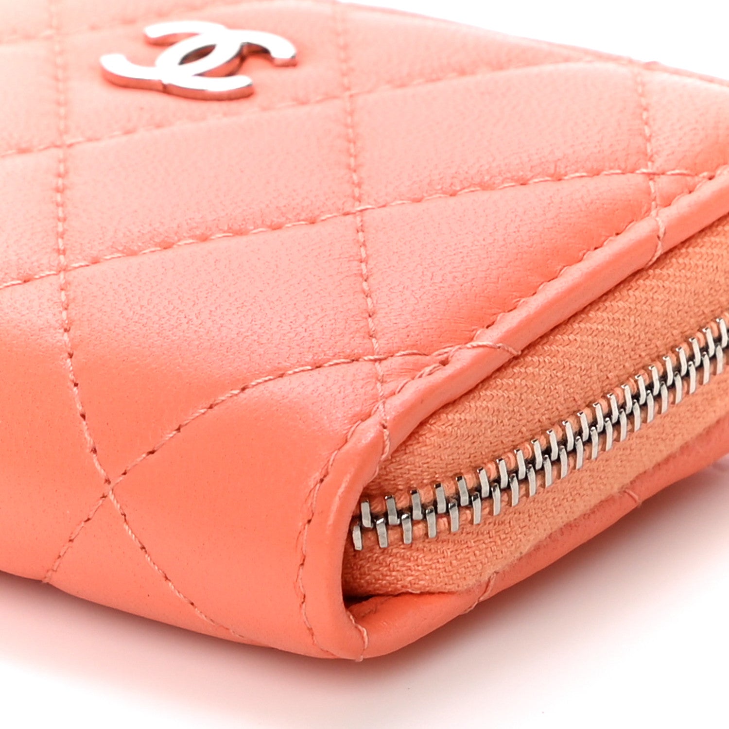 Chanel Lambskin Quilted Zip Around Coin Purse Wallet Coral 10 of 12