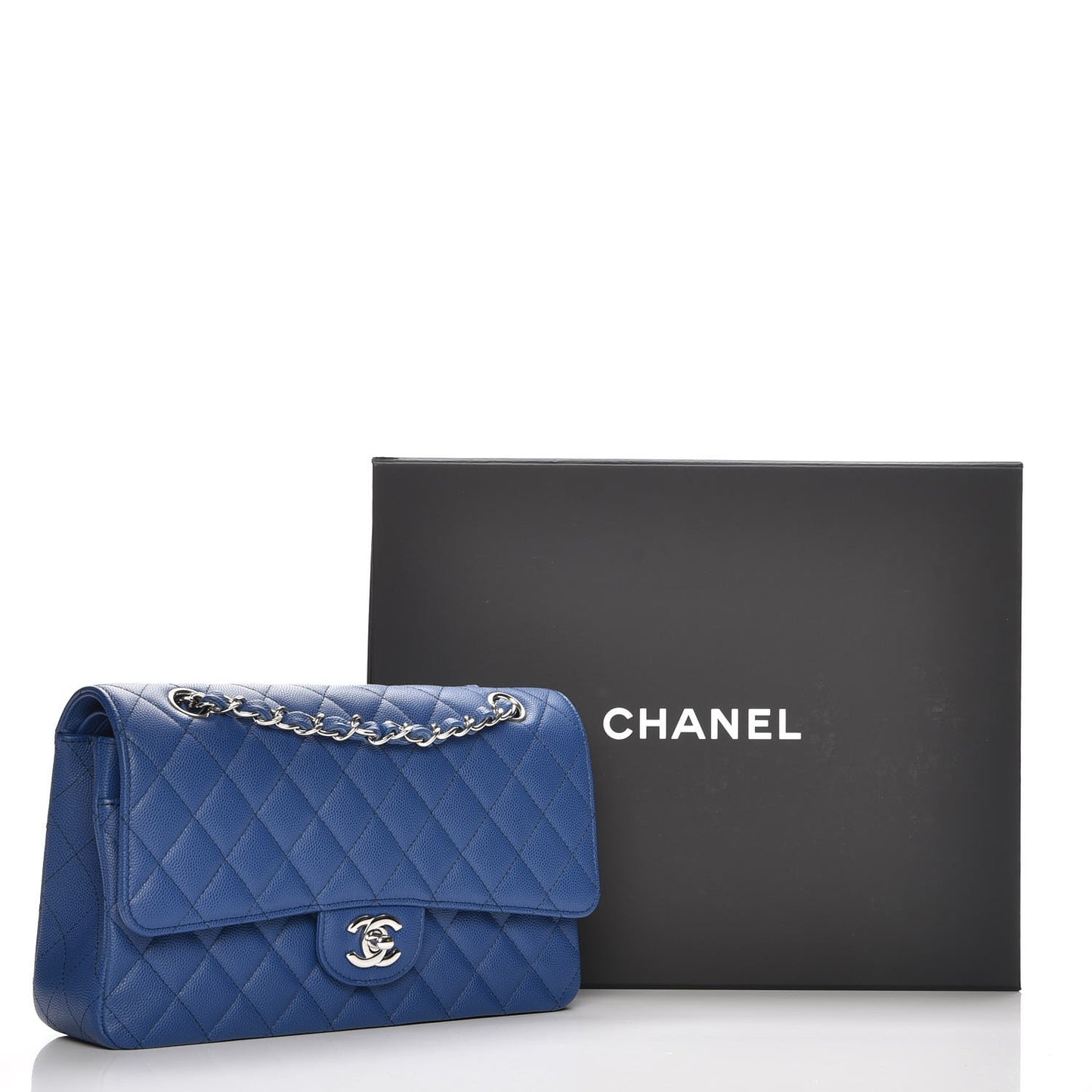 Caviar Quilted Medium Double Flap Dark Blue