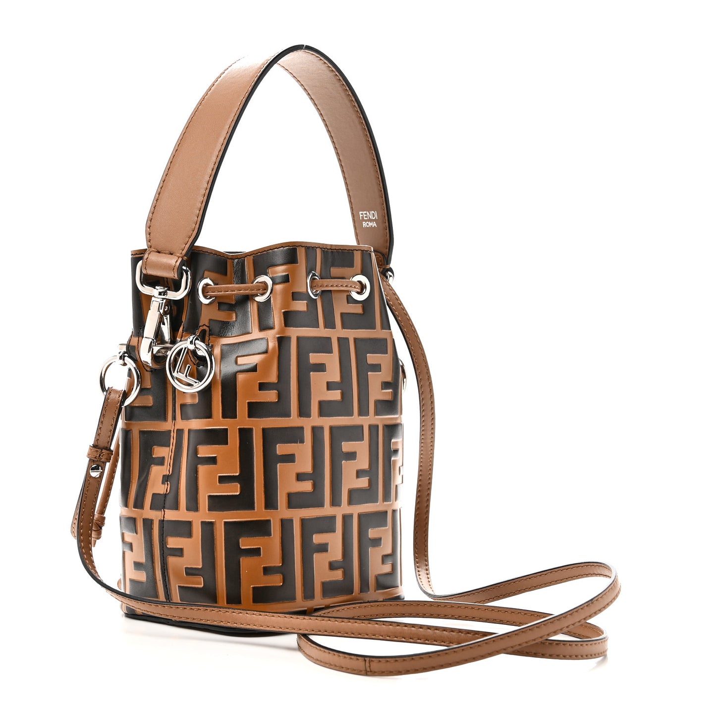 Vitello Liberty F is Fendi Bi-Color FF 1974 Embossed Mini Mon Tresor Bucket Bag Tobaco Orzo