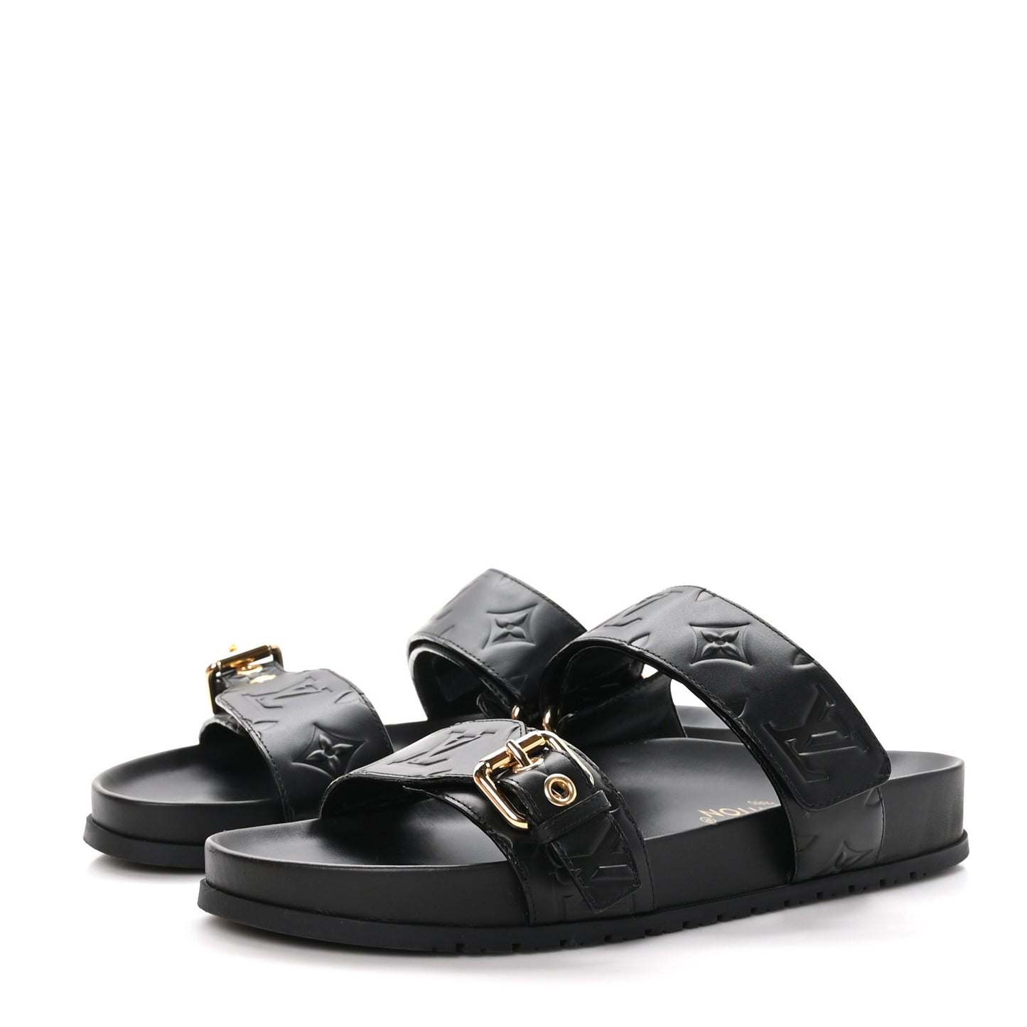 Lambskin Embossed Monogram Bom Dia Flat Mule Sandals 38.5 Black