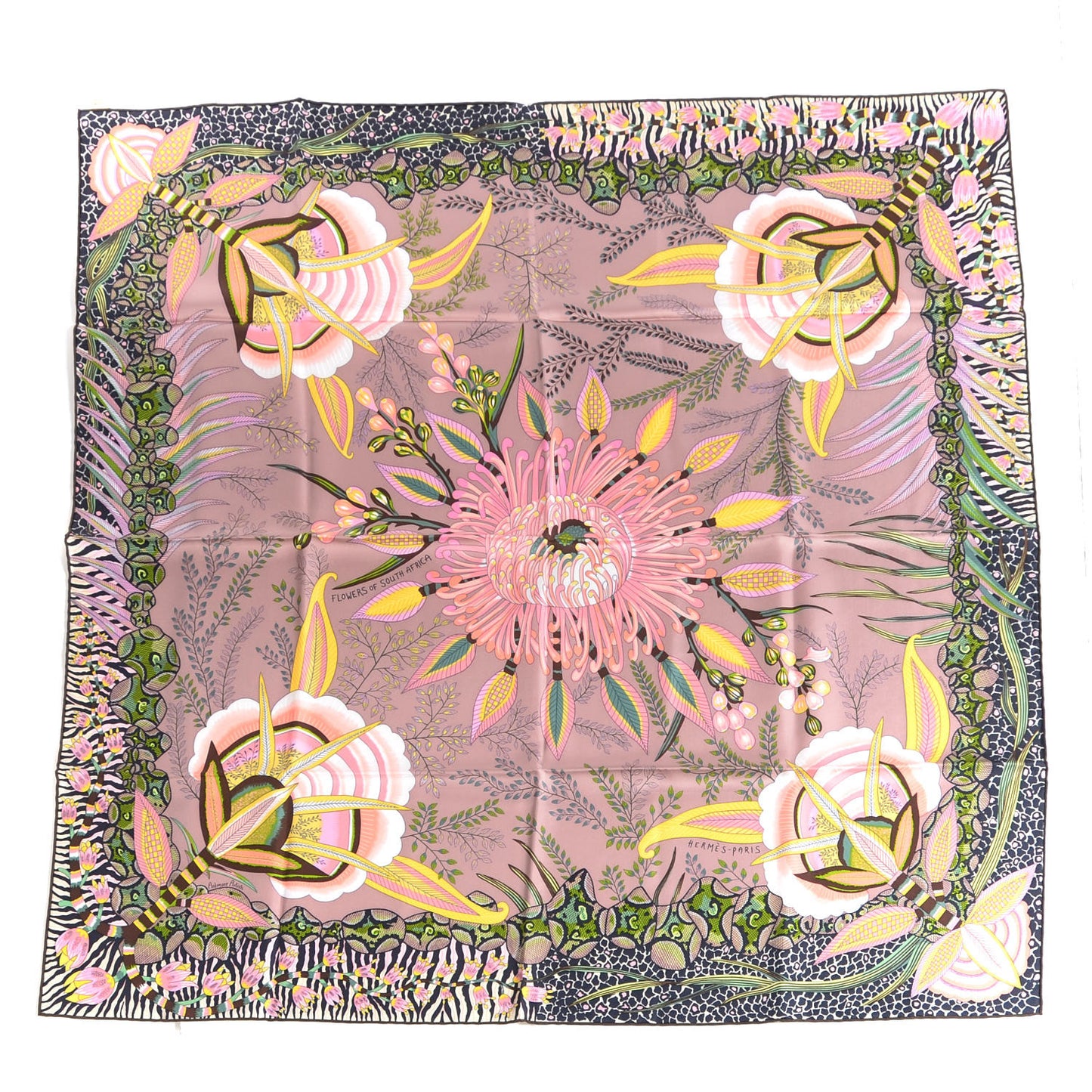 Silk Flowers of South Africa Scarf 90 Vieux Rose Vert Jaune