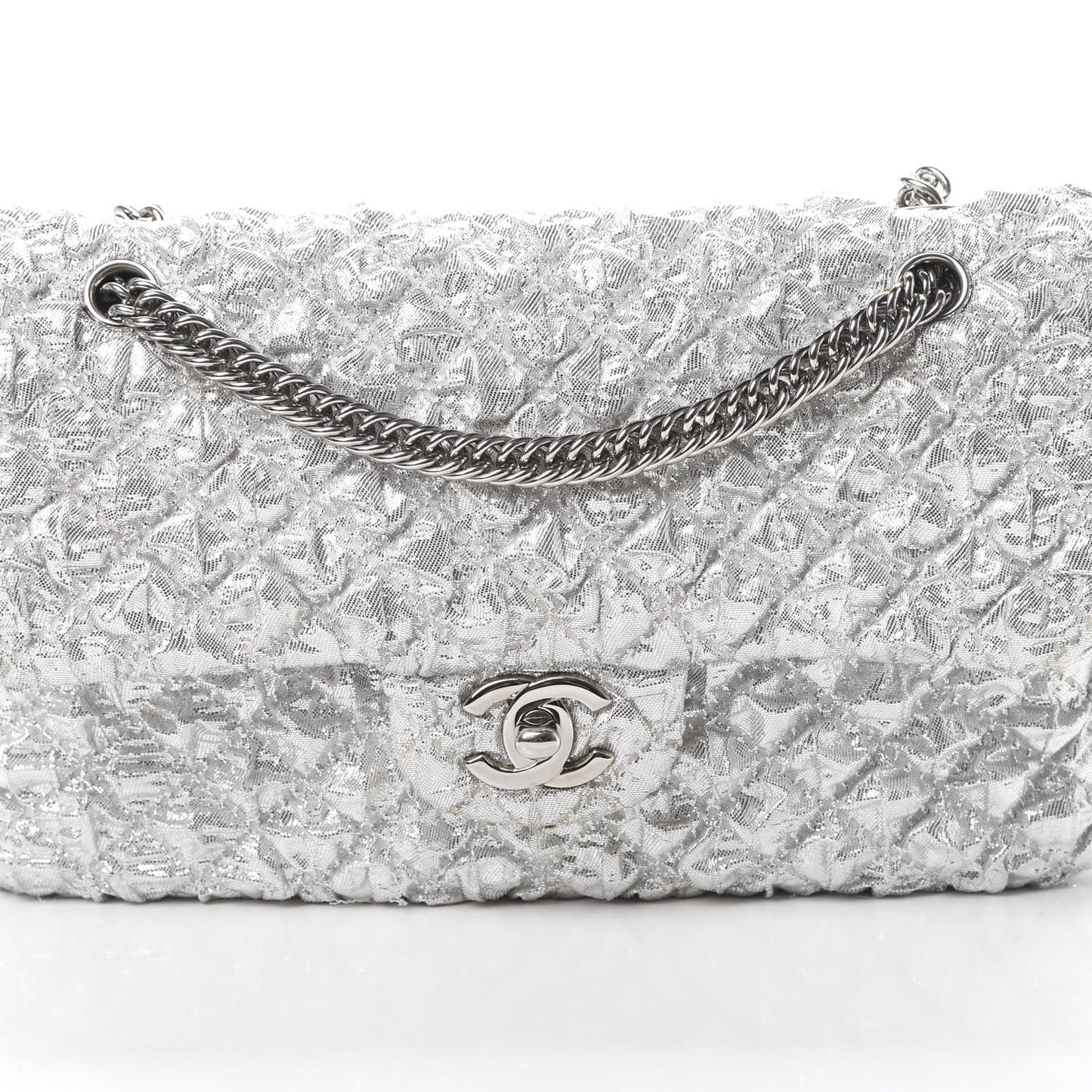 Metallic Lame Quilted Small Double Flap Silver