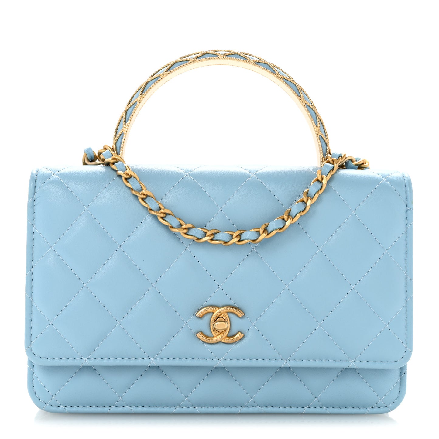 Lambskin Quilted Metal Twist Top Handle Wallet On Chain WOC Blue