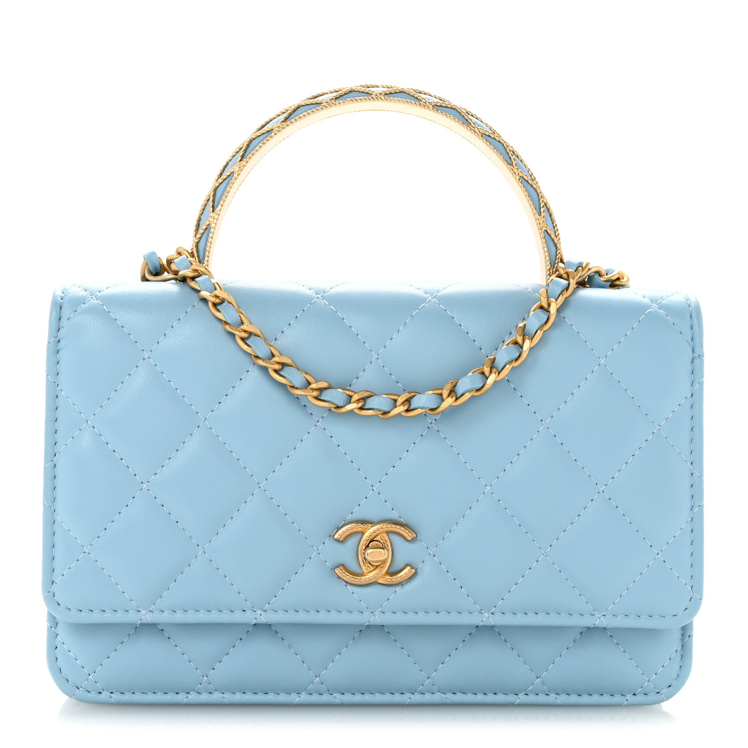 Chanel Lambskin Quilted Metal Twist Top Handle Wallet On Chain WOC Blue 1 of 13