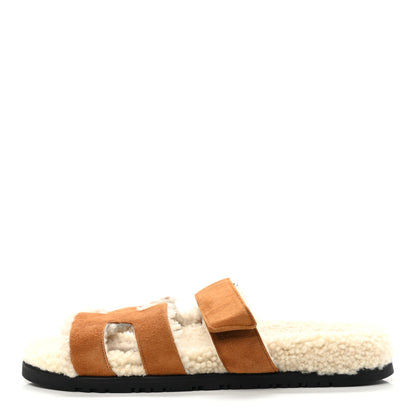 Hermes Suede Goatskin Woolskin Womens Chypre Sandals 39.5 Brun Fume Ecru 1 of 8