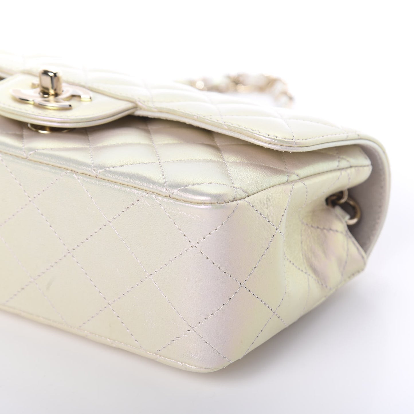 Iridescent Lambskin Quilted Mini Rectangular Flap Ivory