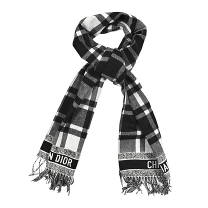 Christian Dior Wool Angora Check'n'Dior Fringe Scarf White Black 1 of 3