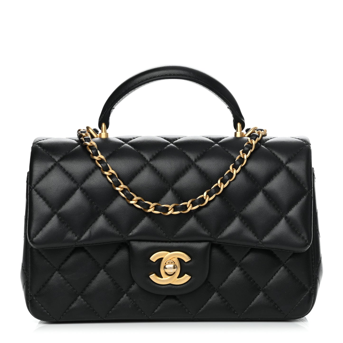 Lambskin Quilted Mini Top Handle Rectangular Flap Black