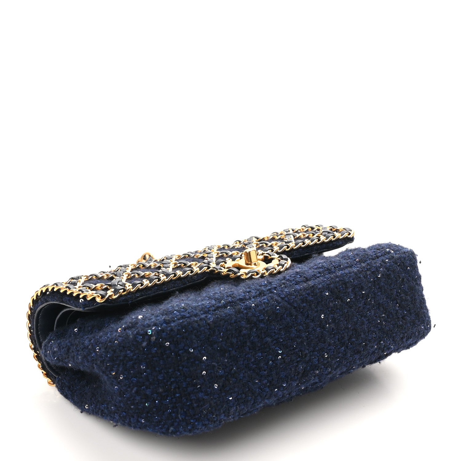 Chanel Tweed Sequin Timeless Classic Chained Double Flap Navy Blue 4 of 11