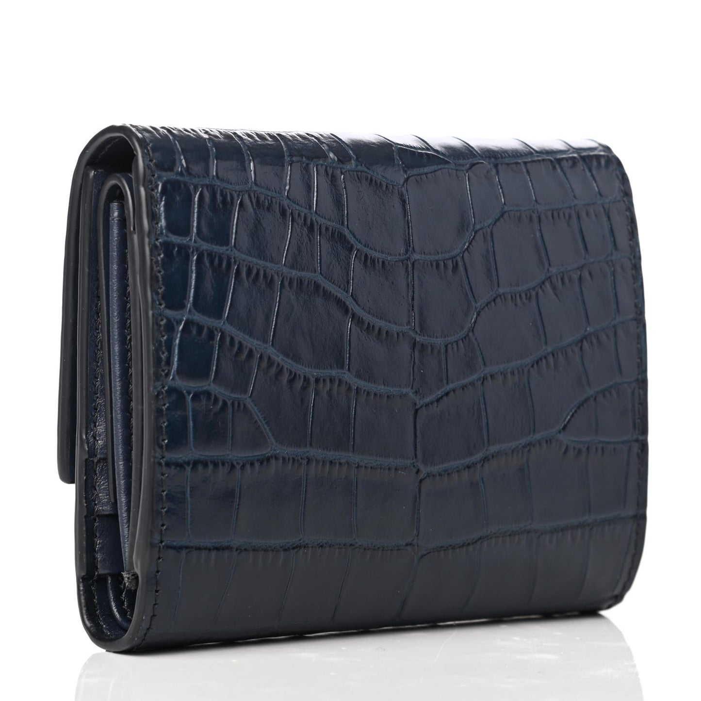 Calfskin Crocodile Embossed Small Tri-Fold Wallet Navy Blue