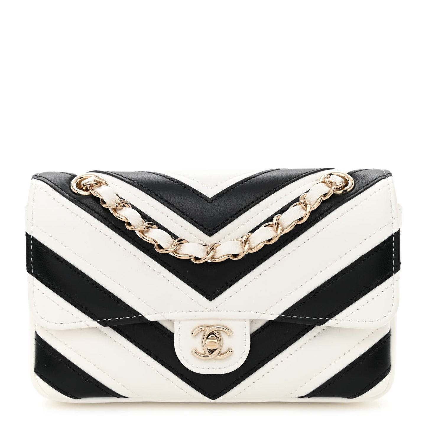 Lambskin Chevron Stitched Flap White Black