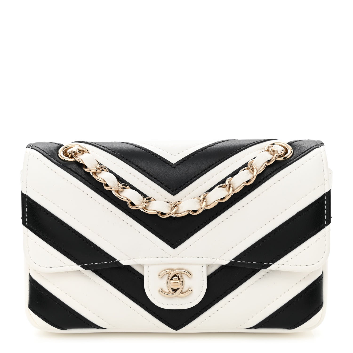 Chanel Lambskin Chevron Stitched Flap White Black 1 of 10