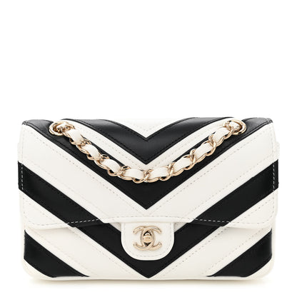 Chanel Lambskin Chevron Stitched Flap White Black 1 of 10