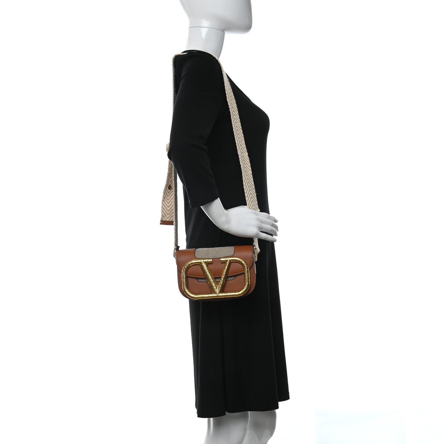 Valentino Garavani Calfskin Linen Small Supervee Crossbody Bag Saddle Brown Natural 2 of 8