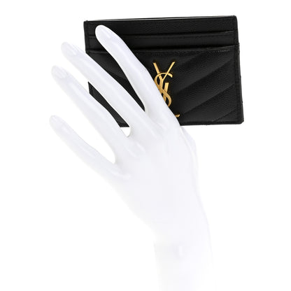 Saint Laurent Grain De Poudre Matelasse Chevron Monogram Credit Card Case Black 3 of 20