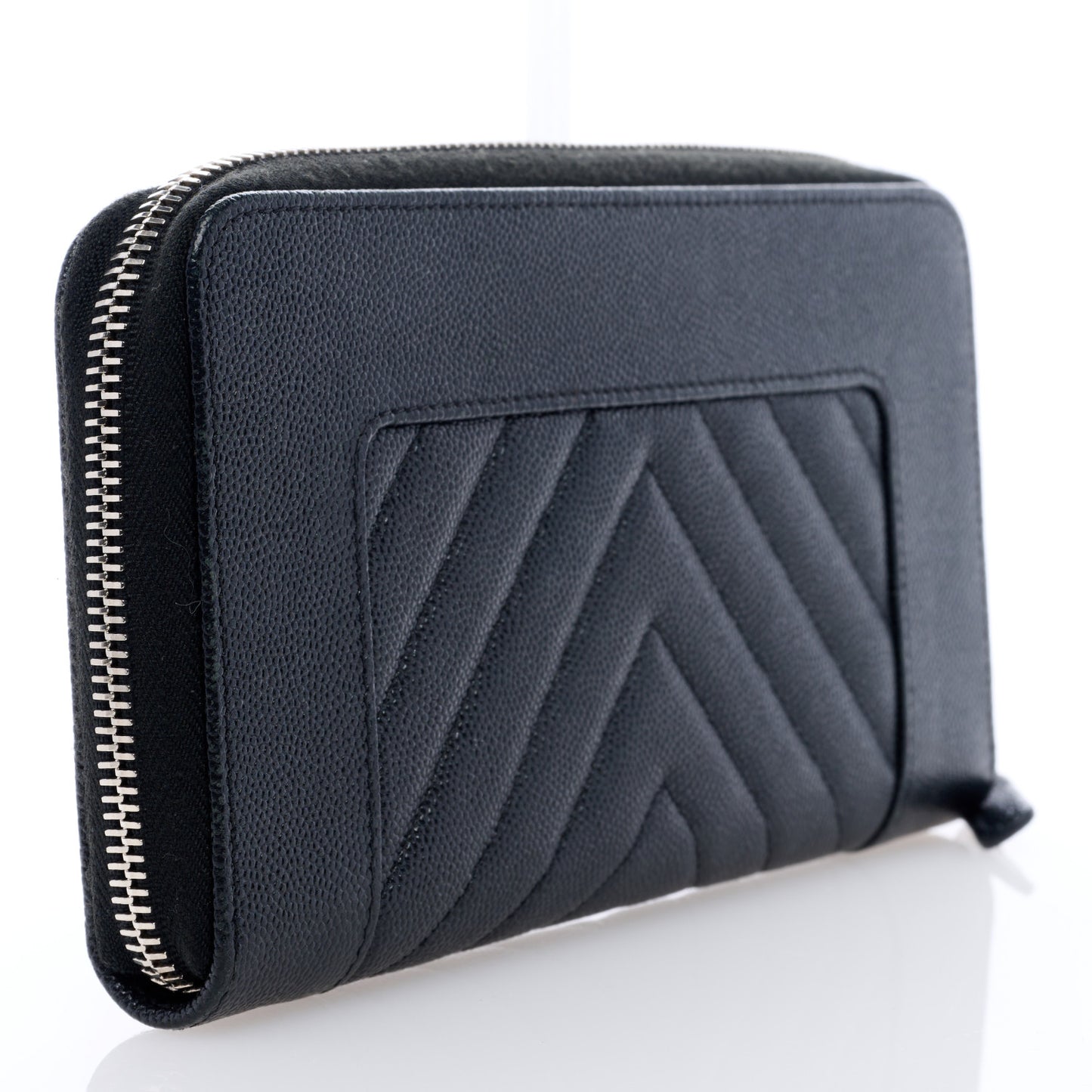 Caviar Sheepskin Chevron Quilted Mademoiselle Vintage Zip Around Wallet Black