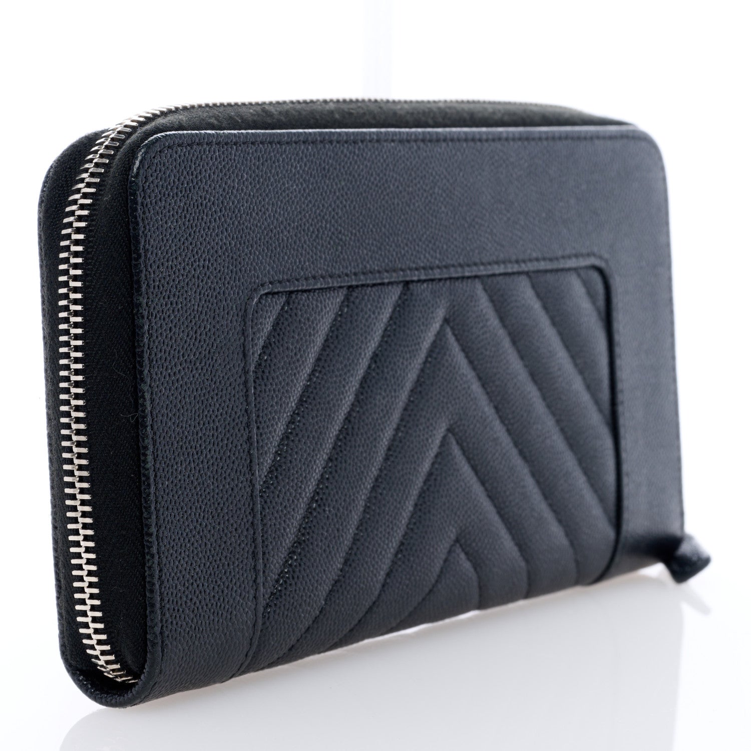 Chanel Caviar Sheepskin Chevron Quilted Mademoiselle Vintage Zip Around Wallet Black 3 of 7