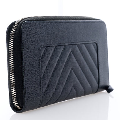 Chanel Caviar Sheepskin Chevron Quilted Mademoiselle Vintage Zip Around Wallet Black 3 of 7