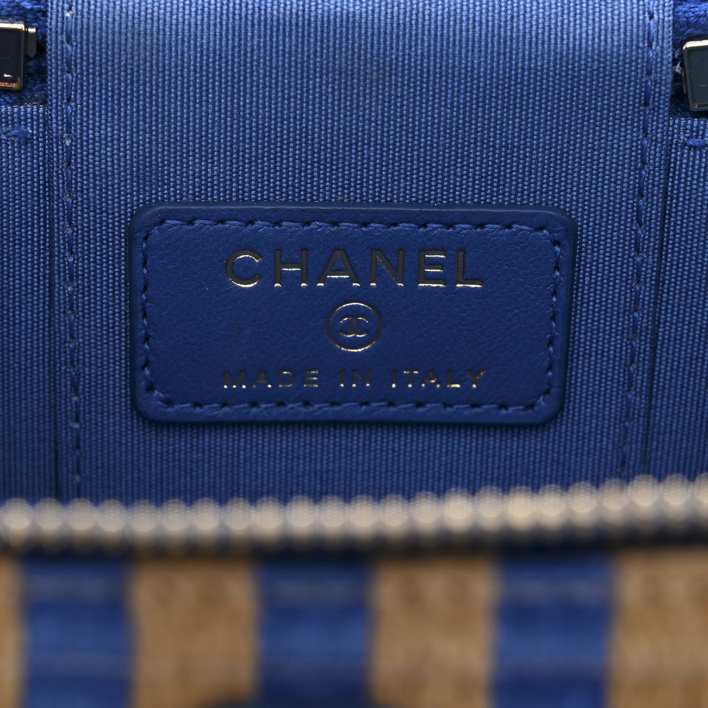 Raffia Jute Striped Mini Vanity Case With Chain Blue Beige