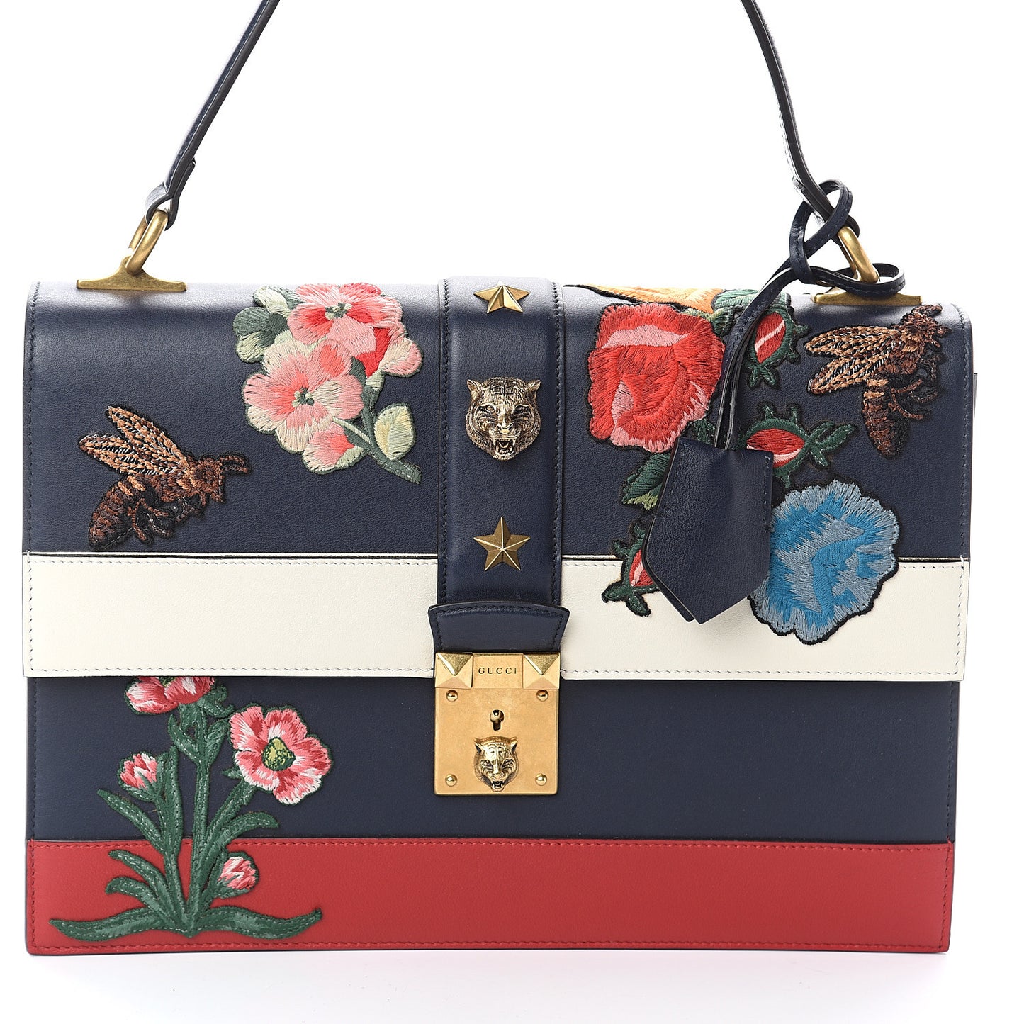 Calfskin Embroidered Riche Stripe Shoulder Bag Blue Red