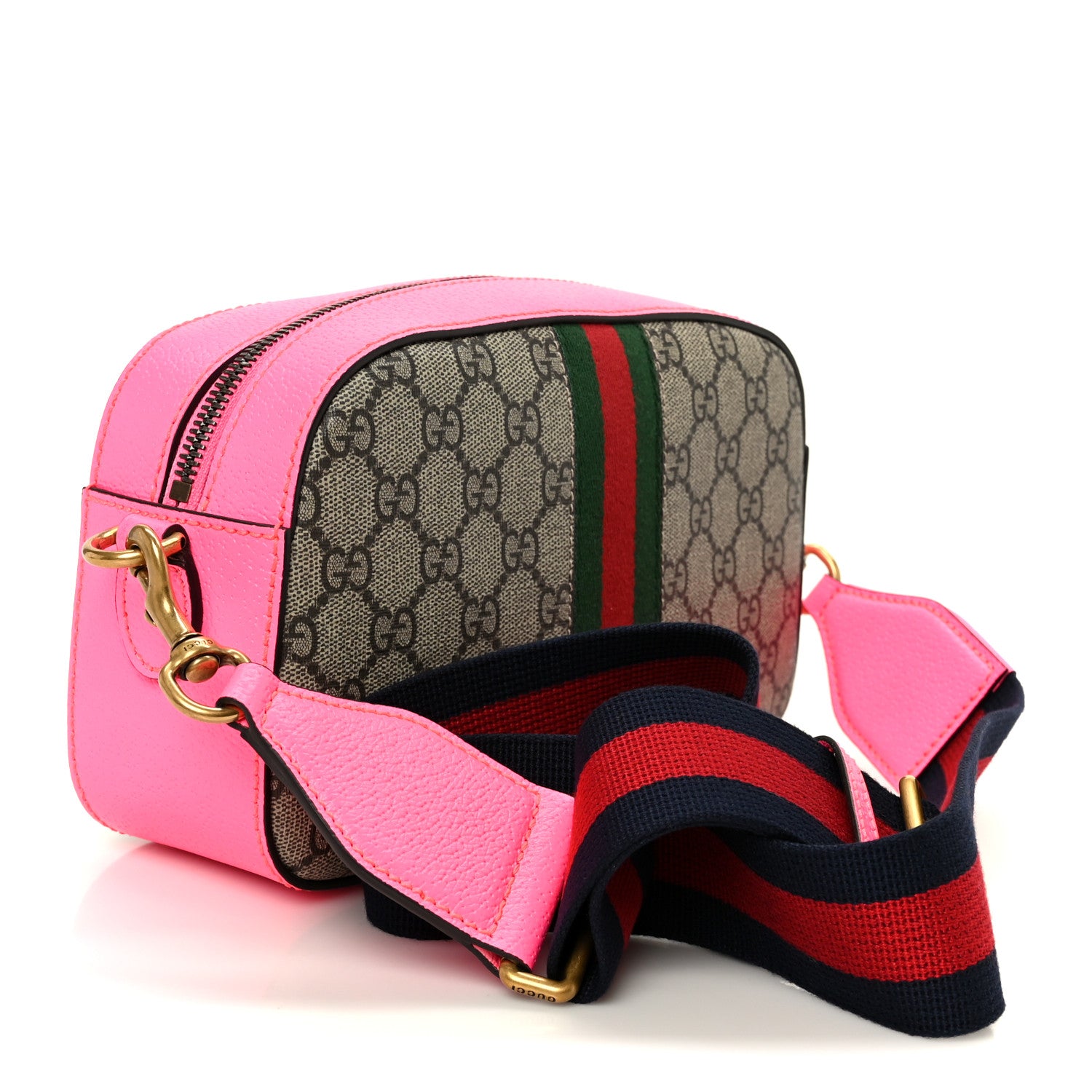 Gucci GG Supreme Monogram Textured Dollar Calfskin Web Ophidia Small Crossbody Bag Beige Ebony Fuchsia 3 of 10