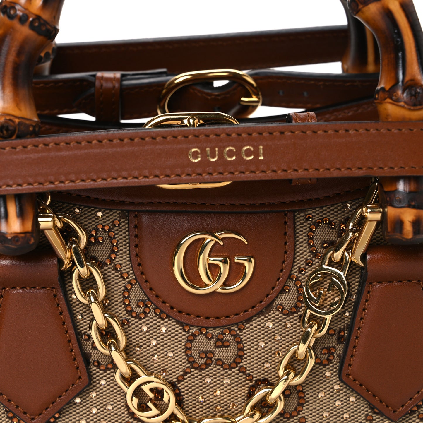 New Canvas Charisma Calfskin Crystal GG Monogram Mini Diana Tote Bag Camel Ebony