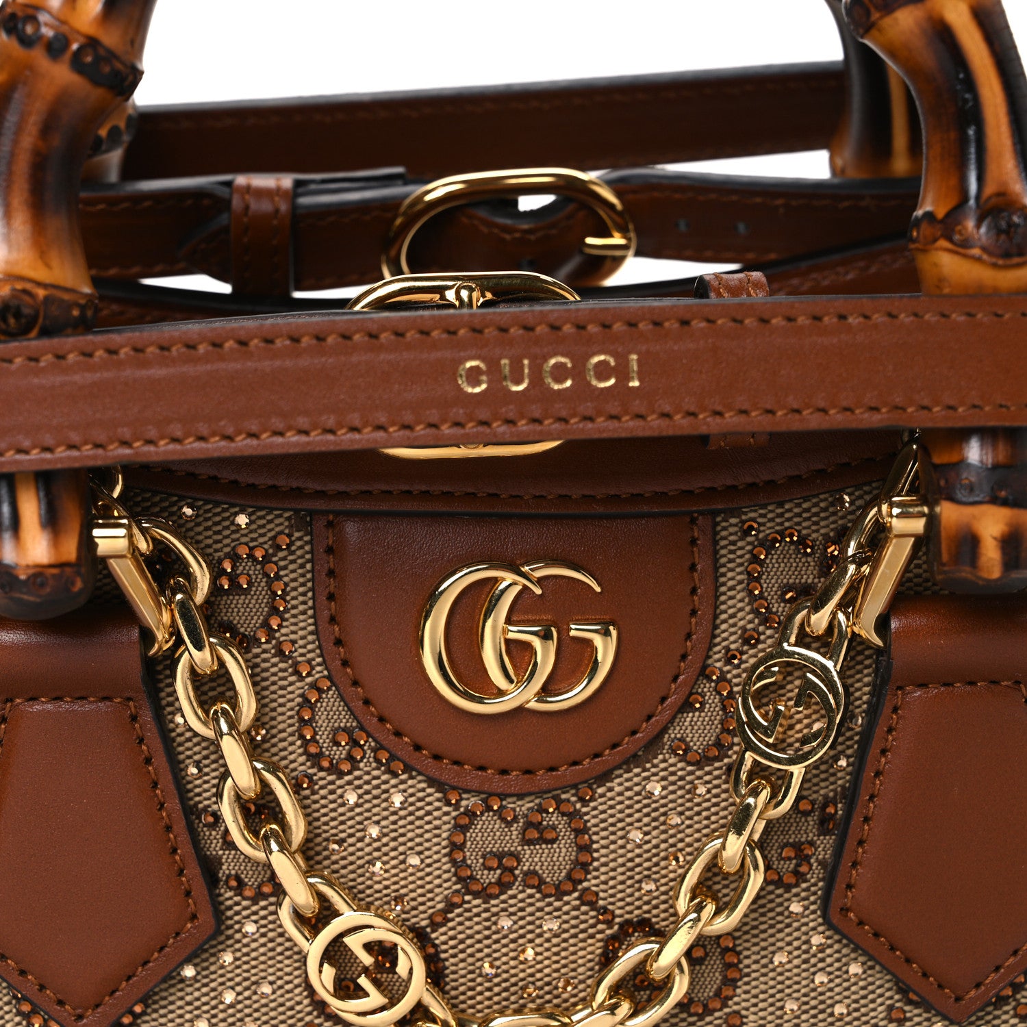 Gucci New Canvas Charisma Calfskin Crystal GG Monogram Mini Diana Tote Bag Camel Ebony 7 of 10