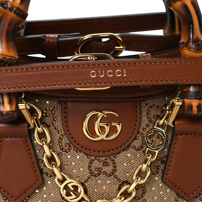 Gucci New Canvas Charisma Calfskin Crystal GG Monogram Mini Diana Tote Bag Camel Ebony 7 of 10