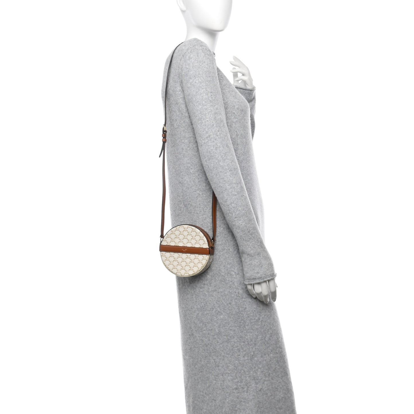 Lambskin Triomphe Canvas Round Purse On Strap White Tan
