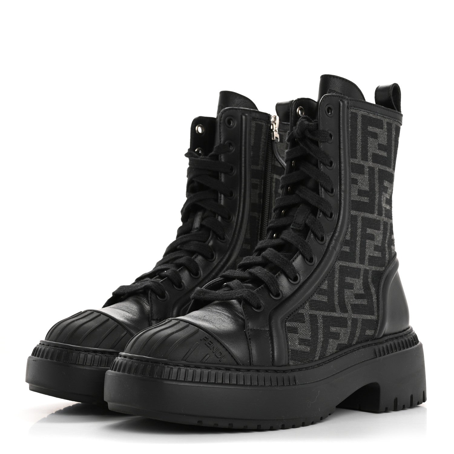 Fendi Fabric Jacquard Vitello FF Domino 50mm Biker Boots 37 Black Asfalto 4 of 9