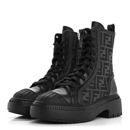 Fendi Fabric Jacquard Vitello FF Domino 50mm Biker Boots 37 Black Asfalto 4 of 9