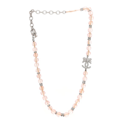 Chanel Metal Glass Strass Beaded CC Bow Necklace Silver Pink 1 of 5